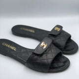 Black Gold CC Turnlock Quilted Slides / CHANEL - Size 38.5