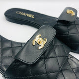 Black Gold CC Turnlock Quilted Slides / CHANEL - Size 38.5