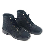 Black Grosgrain Tweed Pearl CC Combat Lace up Boots / CHANEL - Size 38.5C