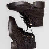 Black Grosgrain Tweed Pearl CC Combat Lace up Boots / CHANEL - Size 38.5C