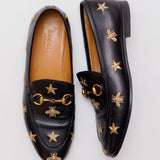 Black JORDAAN Embroidered Bees and Stars Horsebit Leather Loafers / GUCCI - Size 37