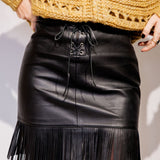 Black JUDY Fringed Leather Skirt / MAJE - Size 38