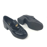 Black Leather PENNY Heeled Loafers / MIU MIU - Size 39