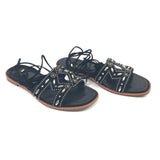 Black Leather Studded Embellished Lace-Up Ankle Flat Sandals / MAJE - Size 37