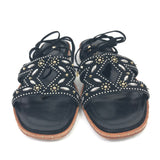 Black Leather Studded Embellished Lace-Up Ankle Flat Sandals / MAJE - Size 37