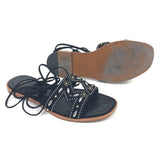 Black Leather Studded Embellished Lace-Up Ankle Flat Sandals / MAJE - Size 37