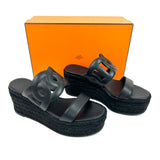 Black Nappa Leather ITHEA 30 Rope Wedge Espadrille Sandals / HERMES - Size 38