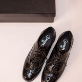 Black Patent Leather Brogue Lace-up Oxfords Shoes / CHANEL - Size 38