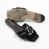 Black Patent TRIBUTE Flat Sandals / YVES SAINT LAURENT - Size 37