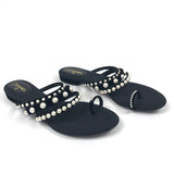 Black Pearl Embellished Velvet Thong Sandals / CHANEL - Size 38.5