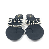 Black Pearl Embellished Velvet Thong Sandals / CHANEL - Size 38.5