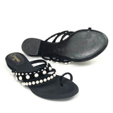 Black Pearl Embellished Velvet Thong Sandals / CHANEL - Size 38.5
