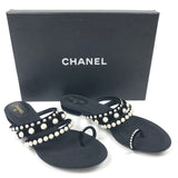 Black Pearl Embellished Velvet Thong Sandals / CHANEL - Size 38.5