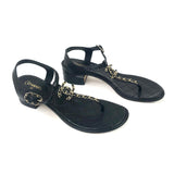 Black Quilted CC Chain T-Strap Leather Sandals / CHANEL - Size 39