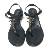 Black Quilted CC Chain T-Strap Leather Sandals / CHANEL - Size 39