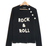 Black sweater with 'Rock & Roll' text on a hanger against a white background