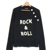 Black sweater with 'Rock & Roll' text on a hanger against a white background