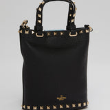 Black Rockstud Leather Grain-textured Bucket Bag / VALENTINO