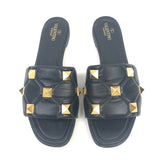 Black Roman Stud Quilted Leather Flat Slide Sandals / VALENTINO - Size 41