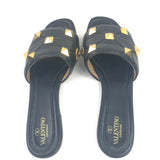 Black Roman Stud Quilted Leather Flat Slide Sandals / VALENTINO - Size 41