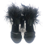 Black Satin Ostrich Feather Trim Block Heel Sandals / PRADA - Size 37