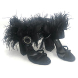 Black Satin Ostrich Feather Trim Block Heel Sandals / PRADA - Size 37