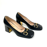Black SIGNORA Leather Gold-Tone Horsebit Block Heeled Pumps / GUCCI - Size 39.5