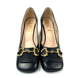 Black SIGNORA Leather Gold-Tone Horsebit Block Heeled Pumps / GUCCI - Size 39.5