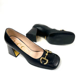 Black SIGNORA Leather Gold-Tone Horsebit Block Heeled Pumps / GUCCI - Size 39.5