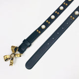 Black Studded Leather Pearl Belt with Metal Bow / GUCCI - Size 90cm