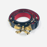 Black Studded Leather Pearl Belt with Metal Bow / GUCCI - Size 90cm