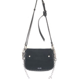 Black crossbody bag with chain detail on a white background