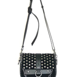 Black studded handbag with chain detail on a white background