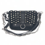 Black studded handbag with a chain strap on a white background