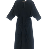 Black V-neck Balloon Sleeves Cotton Ruched Maxi Dress / CECILE HOB - Size S