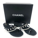 Black Velvet Pearl Embellished Thong Sandals / CHANEL - Size 38.5