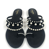 Black Velvet Pearl Embellished Thong Sandals / CHANEL - Size 38.5