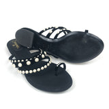 Black Velvet Pearl Embellished Thong Sandals / CHANEL - Size 38.5