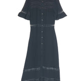 Black WOODSON Smooth Georgette Lace-trim Short Sleeves Buttoned Midi Dress / REFORMATION - Size US 4