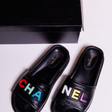 Black/Multicolor Logo Lambskin Sandal Slides / CHANEL - Size 39.5