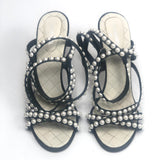 Black/White Faux Pearl Embellished Strappy Sandals / CHANEL - Size 38.5