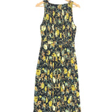 Black/Yellow ANNABETH Belted Pleated Floral-print Silk Crepe de Chine Midi Dress / ULLA JOHNSON - Size US 4