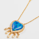 Blue Harlequin Opal in Heart-shaped Pendant Set with White Zircons and Small Gold-plated Tassels Necklace - model LOVE / SHIREL BELLAICHE
