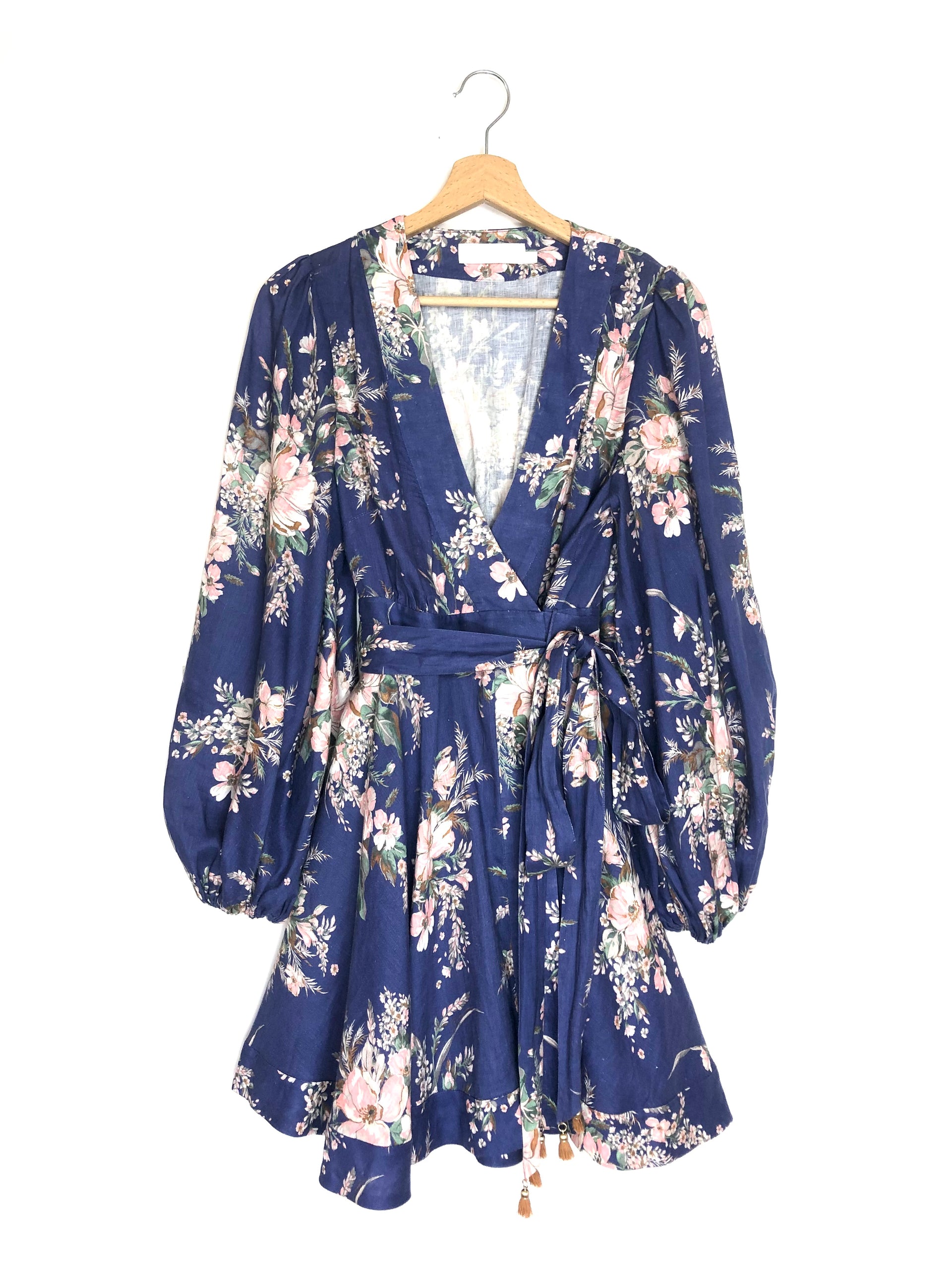 chinese dress ladies Blue MOONSHINE Wrap Linen Long Sleeves Mini Dress / ZIMMERMANN