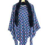 Blue Printed Touch of Fur Silk and Wool Shawl / FENDI