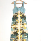 Blue ROYAL SEA Print Linen Adjustable Strap Midi Dress / FARM RIO - Size S