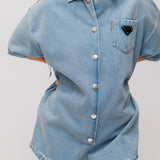 Blue Washed Logo-embossed Denim Playsuit / PRADA - Size 40 IT