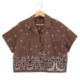Brown Bandana Motif Patterned Rhinestone Cropped Shirt / MAJE - Size 3