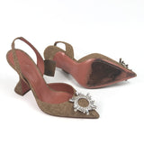 Brown Canvas Crystal Embellished BEGUM 95 Slingback Pumps / AMINA MUADDI - Size 39
