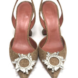 Brown Canvas Crystal Embellished BEGUM 95 Slingback Pumps / AMINA MUADDI - Size 39